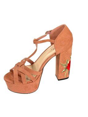Qupid Crush-32 Women's Dusty Blush Floral Embroidered Platform Heels